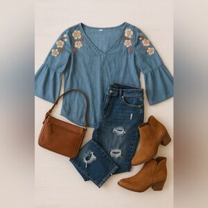 MÜR MÜR XL Chambray Boho Tunic Top Floral‎ Embroidered 3/4 Sleeve Peasant Blouse